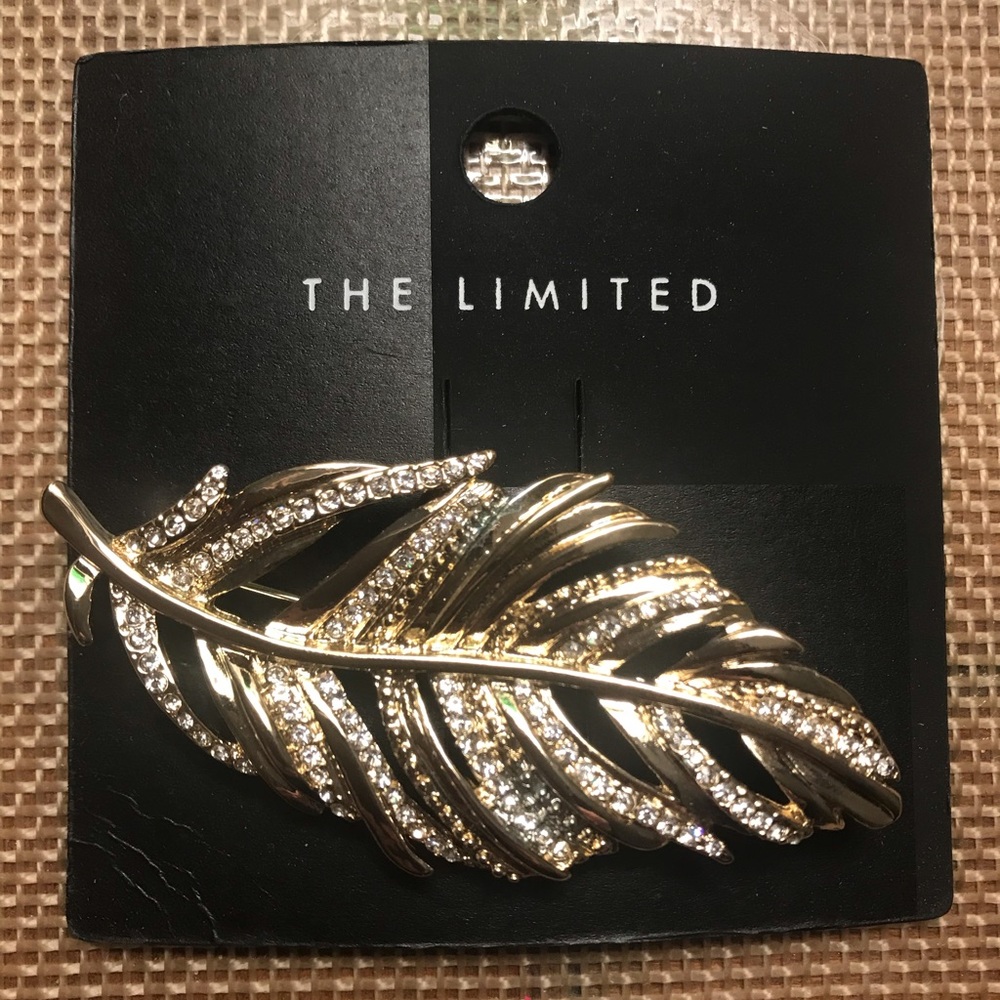 The Limited Gold Tone Rhinestone Feather Leaf Brooch Pin Sparkly Statement